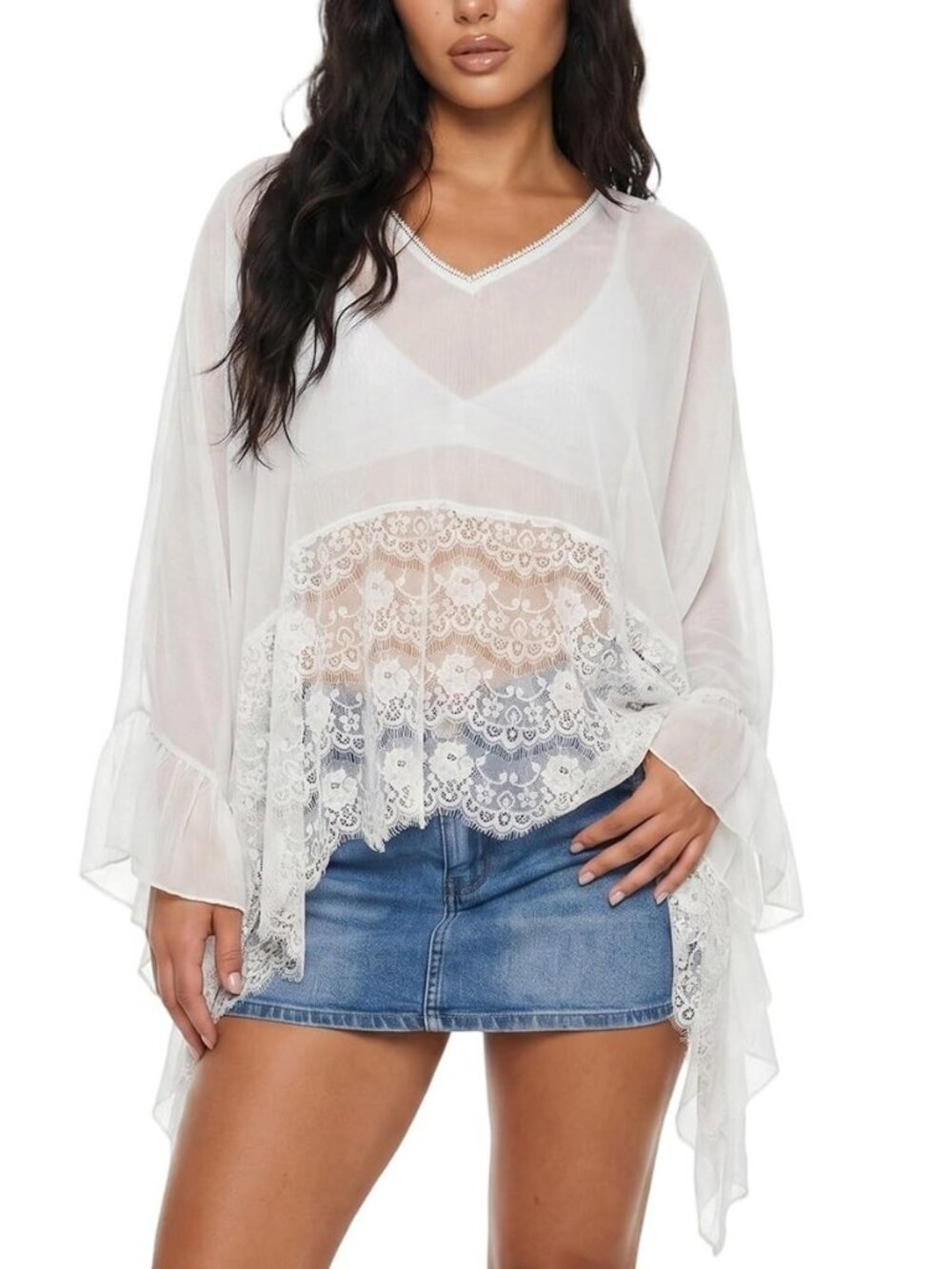 Women Sheer Poncho Tops Oversized Batwing Sleeve Blouse Contrast Lace See